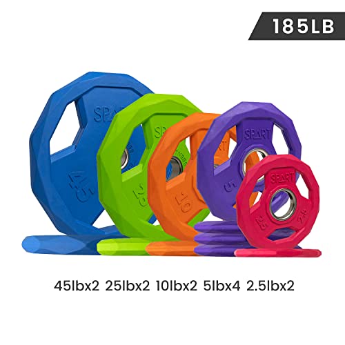 SPART Color Coded Weight Plate 2-Inch Rubber Coated Olympic Grip Plate for Barbell, Solid Cast Iron Weight Plates for Strength Training, Weightlifting, Crossfit, Home Gym, 2.5LB/5LB/10LB/25LB/35LB/45LB, Pair - color: 185LB SET