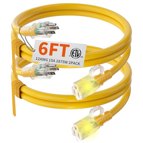 HUANCHAIN 12/3 Gauge Heavy Duty Outdoor Extension Cord 6 ft 2 Pack Waterproof with Lighted end, Flexible Cold-Resistant 3 Prong Electric Cord Outside, 15Amp 1875W 12AWG, Yellow, ETL - color: Yellow, size: 6FT-2pcs