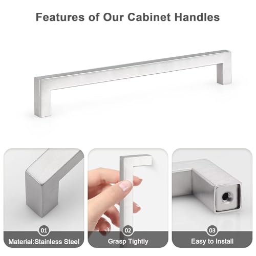 Probrico 5 Pack Hole Centers 7.5inch Brushed Satin Nickel Cabinets Handles,Stainless Steel Kitchen Cabinet Pulls,Square Corner Bar Dresser Pull Handle 8inch Length - color: Brushed Nickel, size: Hole Center: 192mm(7.5inch)