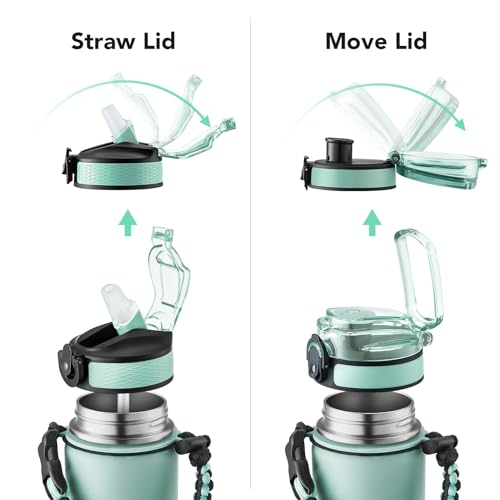 GOSWAG 24oz Insulated Stainless Steel Travel Water Bottle, 2 Lids | with straw and no straw, Paracord handle, Double-wall vacuum keeps drinks cold or hot, Leakproof tumbler - color: Matte Mint