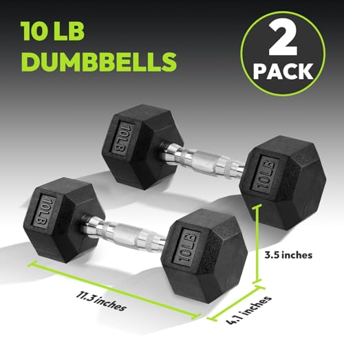 HANDBODE Hex Dumbbell Set of 2, Rubber Encased Fixed Dumbbells, 2.5-65 lb | Non-Slip Comfortable Handles, Hand Weights for Strength Training, Ideal for Home Gym Workouts - size: 10 lb, Pair, style: Chrome Handle