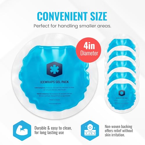 ICEWRAPS 4 inches Round Reusable Ice Packs with Cloth Backing, 5-Pack Blue | Easy to Use Hot and Cold Gel Pack, Flexible Cold Packs, Leak-Resistant, Sensitive Skin Safe, Made in Canada, FSA-HSA Eligible - style: Blue- with Cloth Backing