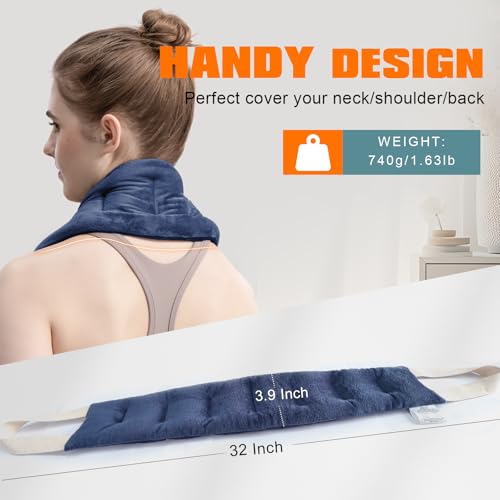 uncn Heating Pad for Neck Shoulders and Back Microwavable Wrap Weighted Neck Warmer 32x5in Microwave Heat Wrap Rice Beanbag Lavender Scented 1.5Pounds - color: Navy Blue