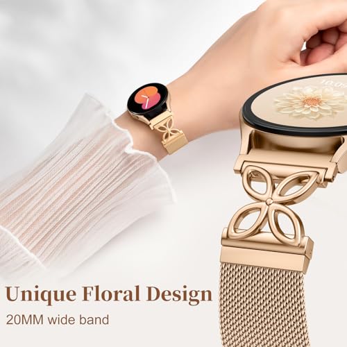 Getino Floral Metal Band Compatible with Galaxy Watch 7 Band 6 5 4 FE Active 2 40mm 44mm/Galaxy Watch 5 pro 45mm, 20mm Magnetic Strap for Samsung Watch Bands Women Stainless Steel Milanese Loop - color: Rose Gold