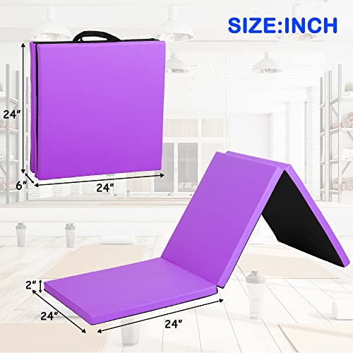 Gymnastics Tumbling Mat, 3 Folding Exercise Mat with Handle, All-Purpose Home Gym Mat for Tumbling, 6'x2'x2' - color: Purple