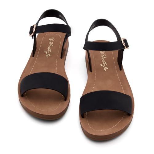 Herstyle Flat Sandals for Women – Open Toe 1 Band Ankle Strap Summer Dressy Sandals, Lightweight Casual Strappy Slip-On Flats with Adjustable Buckle - color: Black, size: 7.5