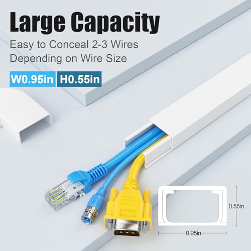 Yecaye Cord Hider, 113in Medium Cord Covers for Wires on Wall, Cord Organizer for 2-3 Wires, Easy Install Cable Management Kit, TV Cable Hider for Home Office, W0.95in H0.55in, White - color: White, size: 113in L x 0.95in W x 0.55in H