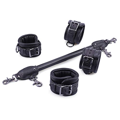 Wooden PU Spreader Bar with 4pcs PU Adjustable Straps,Workout Bar for Home Gym Training Bar,Portable Detachable Pilates Kit - style: Black+Embossed Black Kit
