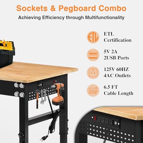 Betterhood Adjustable Height Workbench, 60" Rubber Wood Top Heavy Duty Workstation with Power Outlets, 2000 LBS Load Capacity Hardwood Worktable for Workshop, Garage, Office, Home, Commercial - size: Rubber Pad/ Power Outlets/ 2 Pegboard/ 60"x24"x37"