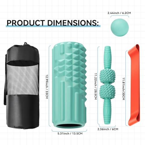 5 in 1 Foam Roller Set, High Density Patented Exercise Roller | Deep Tissue Massage Roller Stick, Massage Ball, Resistance Band for Pilates, Yoga, Whole Body Fitness Exercise,Tiffany Green - color: Tiffany Green