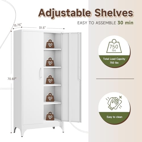 Letaya 71" H Metal Storage Cabinet with 2 Doors and 4 Shelves,Tall Kitchen Pantry Cabinets,Utility Pantry Organizers for Cupboard/Dining/Bathroom/Home Office/Garage, Steel Tool Cabinets - color: White, size: 70.9 X 32 X 16 In(H X W X D)