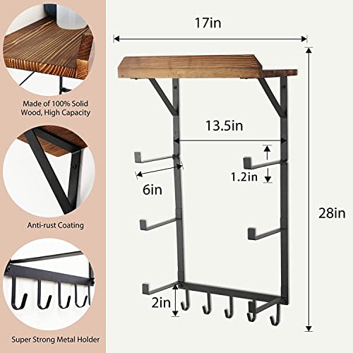 Yoga Mat Holder Wall Mount,17" x 28" Yoga Mat Rack Home Gym Accessories, Storage for Foam Roller, with Wood Floating Shelves and 5 Hooks for Hanging Yoga Strap and Resistance Bands - color: Carbonized Black