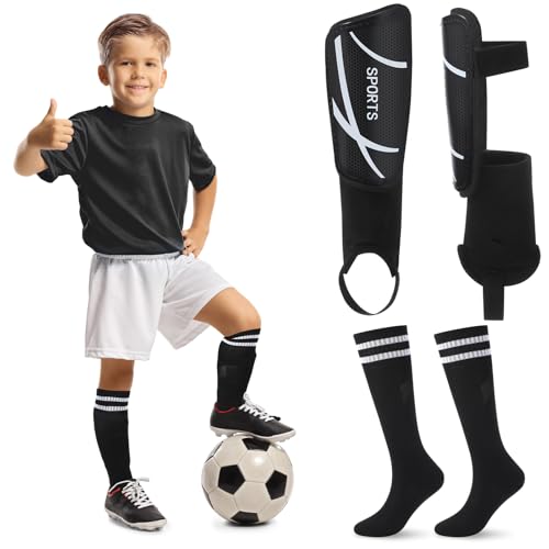 Soccer Shin Guards and Socks Kids Youth Lightweight Soccers Pads Defender with Ankle Protection Ski Shin Guards Football Equipment for Age 4-14 Toddler Boy Girl - color: Black, size: Small