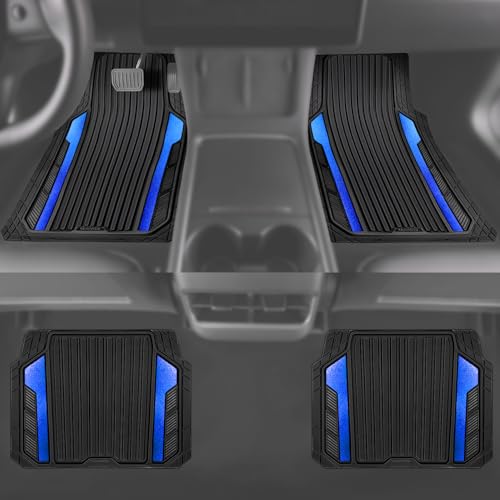 CAR PASS Heavy Duty Rubber Car Mats Metallic,Aluminum Film All Weather Floor Mats Waterproof Universal Trim to Fit Automotive SUV Sedan Van 4 Piece Anodized Deep Dish Two-Tone Sporty Black Blue Chrome - color: Black Blue