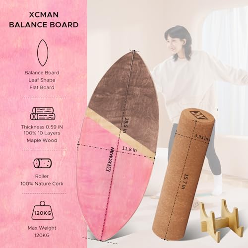 XCMAN Surf Balance Board Trainer with Roller Wooden Exercise Balancing Stability Trainer - Non Slip Surface for Adults Kids|Balance Board for Surfing,Snowboarding,Skateboarding,Hockey,Yoga Training - color: Leaf Pink