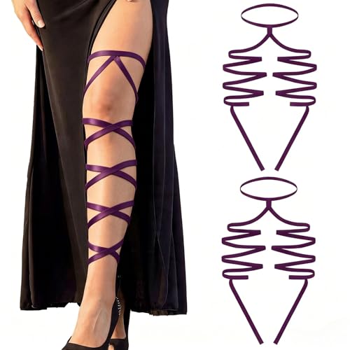 Elastic Cross Thigh Garter String Chain Leg Wraps, Punk Black Harajuku String Chain Body Jewelry for Women - color: Purple