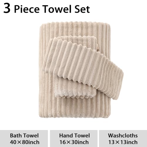 3 Piece Bath Towel Set, 40"x80"Microfibers Bath Sheets,Beige | 1Bath towels 1Hand towels 1Washcloths，Extra-large size，Big and Tall users，Quick dry，Highly Absorbent，Spa Gym - color: Beige, size: 3 Piece Towel Set