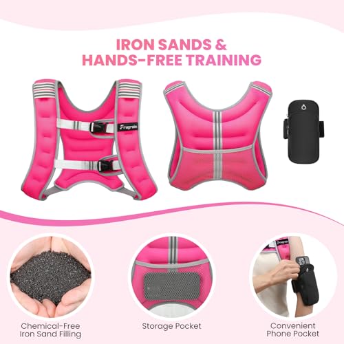 Fragraim Weighted Vest for Women Men - 8lb/10lb/12lb/16lb/22lb/25lb/30lb Weight Vest with Reflective Stripe, Detachable Phone Pouch, Ideal for Walking, Strength Training, Running, Workout, Cardio - color: Rose, size: 16 lb