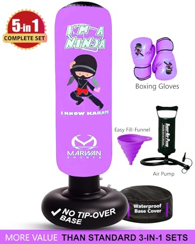 Marwan Sports Ninja Kids Punching Bag — Inflatable Sensory Toy & Birthday Gift for Boys & Girls Ages 4-12, 63" Freestanding 5-in-1 Kit, Indoor Apartment-Quiet Sensory-Friendly Active Play - color: Purple