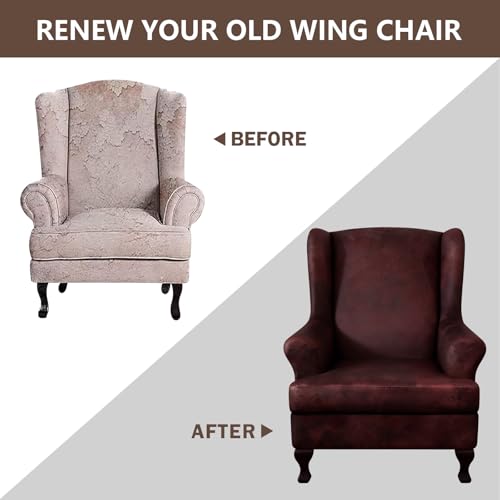 ANARACHON Leather Look Wingback Chair Covers, 2-Piece Wing Chair slipcover,Stretch Wing Back Armchair Slipcovers with Elastic Bottom, Soft Spandex Furniture Protector for Living Room (Red) - color: Red
