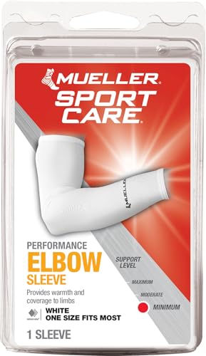 MUELLER Sports Medicine Performance Compression Elbow Sleeve, Arm Pain Relief Support for Men and Women, Ideal for Strains, Cuts, Scrapes, Fits Right or Left, White, One Size - color: White