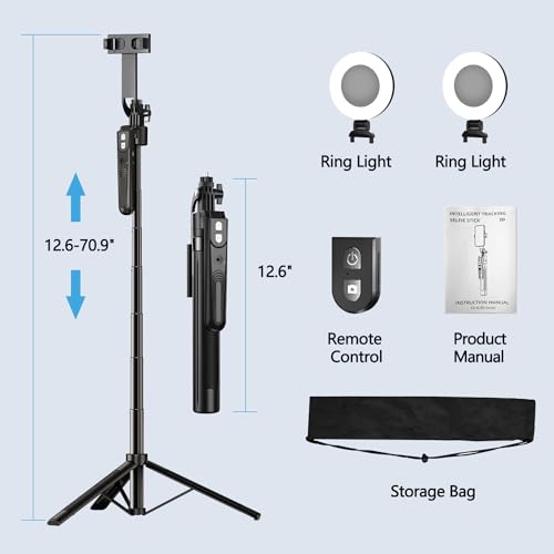 yAyusi 70.9" Auto Face Tracking Selfie Stick Tripod for iPhone with Light, No App, 360° Rotation Tripod that Follows Your Movement with Remote Control for Vlog/Live Stream/Video Recording