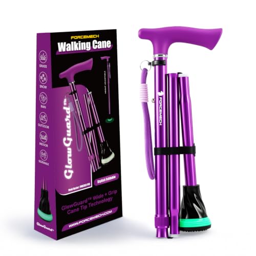 FORCEMECH GlowGuard Foldable Walking Cane for Men & Women, Adjustable Heavy Duty Cane with Glow Tip & Extra-Wide Tip - color: Gloss Purple