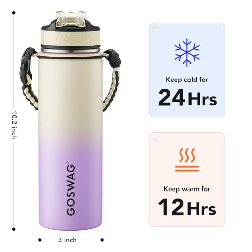 GOSWAG 24oz Insulated Stainless Steel Travel Water Bottle, 2 Lids | with straw and no straw, Paracord handle, Double-wall vacuum keeps drinks cold or hot, Leakproof tumbler - color: Beige-Purple Ombré