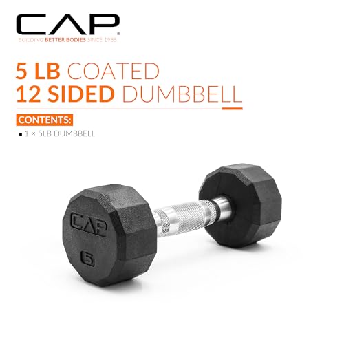 CAP Rubber Coated Dumbbell Weights, Free Weights for Home Gym Strength Training, Anti-Roll Hex Dumbbells with Black, Chrome & Comfort Grip Handles, Singles - size: 5 lb, style: 12-Sided - Chrome Handle