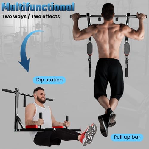 Wall Mounted Pull Up Bar and Dip Station, Heavy Duty Pull-up Chin Up Bar for Indoor Home Gym Workout, Power Tower Set Training Equipment Fitness Dip Stand Supports to 440 Lbs Black