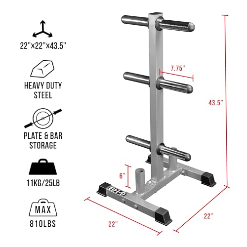 Valor Fitness Weight Plate Rack with Barbell Holders – Heavy-Duty Steel Storage Tree with 6 Pegs and 2 Vertical Bar Sleeves for Standard and Olympic Plates – 800 lb Capacity for Home & Garage Gyms - color: B: BH-9 Olympic Plate Storage Tree