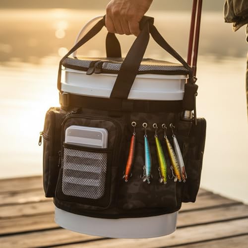 Fishing Bucket Organizer with Mesh Cover 5 Gallon Bucket Accessories Waterproof 600D Adjustable Fishing Tackle Bag with Multi-Pockets for Fishing Gear and Equipment
