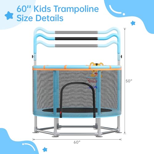 Full Wrap-Around Double Ring Legs 440lbsToddler Trampoline with Net,Trampoline for Kids - color: Blue, size: 60''