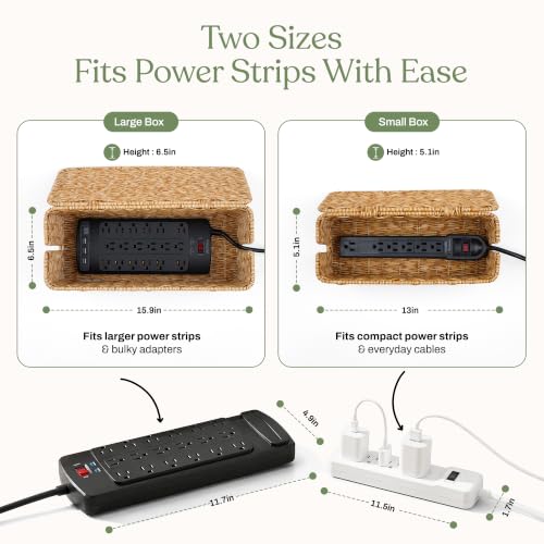 Cable Management Box Set of 2 Sizes, Handmade Rattan Cable Organizer with 2 Open Slots, Cord Hider for Power Strip, Router & USB Hub, Registered U.S. Design Patent (D1,112,102), Natural - color: Natural, style: Standard + Large Set