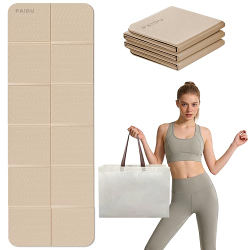 PAIDU Foldable Yoga Mat, 70"x24"x0.31" TPE Non-Slip Mat with Bag | Double‑sided non‑slip, 8mm thick TPE, foldable for travel, ideal for yoga/pilates/fitness/home/outdoor workouts - color: Beige+Black