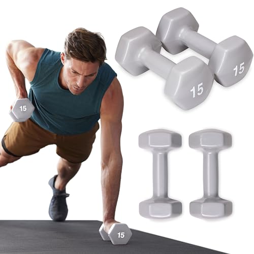 SPRI Dumbbells Hand Weights Set of 2 - Vinyl Coated Exercise & Fitness Dumbbell for Home Gym Equipment Workouts Strength Training Free Weights for Women, Men (1-10 Pound, 12, 15, 18, 20 lb) - color: (L) Dark Grey | 15-Pound
