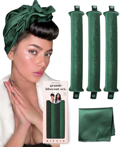 Grande Heatless Curls Overnight Rods No Heat Hair Curlers to Sleep in, Jumbo Foam Large Hair Rollers for Long Hair Blowout Look, Heatless Flexible Curling Rod Set with Satin Wrap for Sleeping - color: Emerald Green