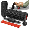 5 in 1 Foam Roller Set - Foam Roller for Legs, Muscle Roller Stick, Massage Ball, Resistance Band for Physical Therapy & Deep Tissue Muscle Massage (Black) - color: Black