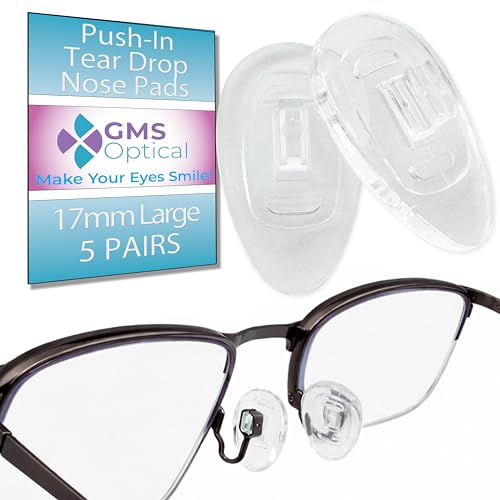 GMS Optical Push in Silicone Nose Pads for Glasses | 17mm Large, 8.2mm Wide Width | Non Slip Nose Grips, Eyeglass Accessories for Glasses & Sunglasses, Provides Comfort & Stability (5 Pairs, Clear) - size: (L)17mm - 5 Pairs