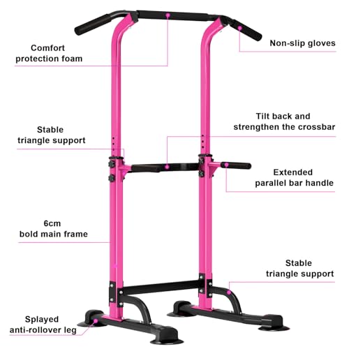 SogesHome Power Tower Pull Up Bar and Dip Station, Height Adjustable Dip Stand Exercise Machine for Home Gym, Multi-Functional Free Standing Strength Training Fitness Workout Station - color: Pink