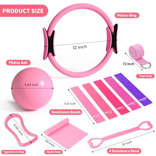 Pilates Equipment Set for Home Workouts, 4-in-1 Pilates Ring, Resistance Bands, Mini Exercise Ball & Fitness Strap, Full-Body Toning Kit for Beginners to Advanced, Core Strength & Flexibility Training