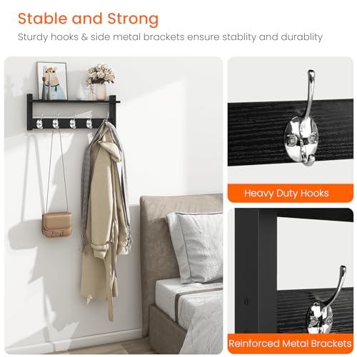 Homode Wall Coat Rack With Shelf, Wood Entryway Hanger With Hooks, Small Floating Pegs for Hanging Coats, Hats, Purses, Backpacks, Black - color: Black, size: 17.1 Inch Long