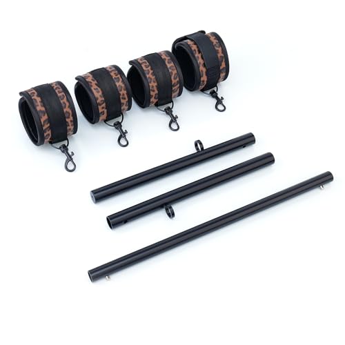 3 in 1 Heavy Duty Stainless Steel Expandable Spreader Bar with 4pcs PU Blue Adjustable Straps,Workout Bar for Home Gym Training Bar,Portable Detachable Pilates Kit - style: Black+Black Leopard Kit