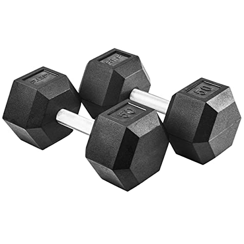 Rep Fitness Rubber Hex Dumbbell(s) - Singles (55LB +) and Pairs (5LB - 50LB) - Low Odor, Fully Knurled Handle - style: 50 LB Pair