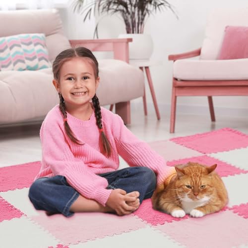 Amylove 72 Pieces Plush Foam Floor Mat Square Interlocking Carpet Tiles with Border 12 x 12 x 0.4 in Fluffy Play Mat Floor Tiles Soft Climbing Area Rugs for Home Playroom(White, Pink, Rose Red) - color: White, Pink, Rose Red