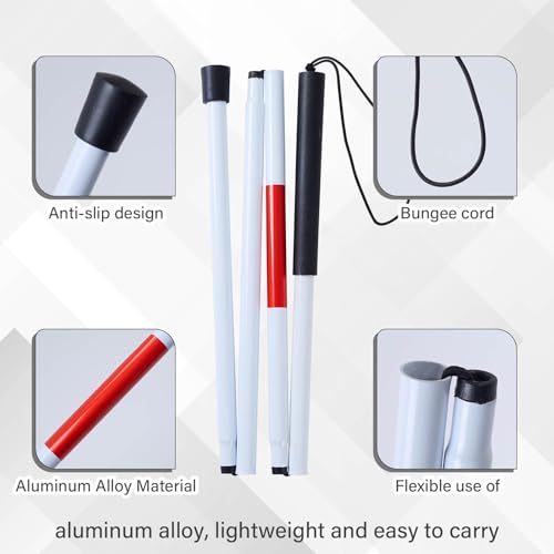 Foldable White Cane(Blind Cane) with Red Reflective Strip, 49 Inch Lightweight Walking Stick for Vision Impaired, Anti-Slip Handle for Daily & Travel Use