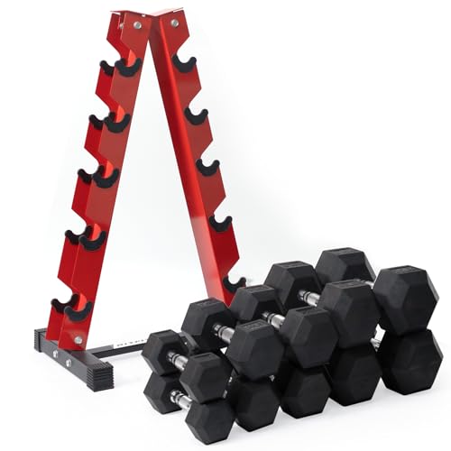 RitFit Rubber Coated Hex Dumbbell Set with Rack, 5-780LB for Home Gym Strength Training, Anti-Slip Knurled Handle, Hexagon Anti-Roll, Heavy-Duty Storage Rack - style: 250LB Set-Red (10-40LB）