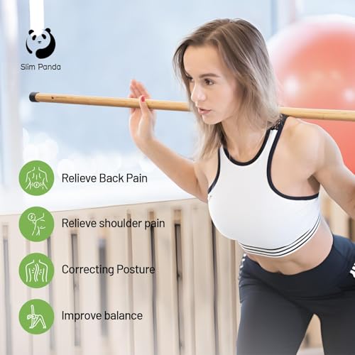 Slim Panda 5FT Yoga Stick - Natural Bamboo Stretching Stick with Non-Slip Caps - 1.57" Thick Exercise Balance Pole for Posture Correction & Physical Therapy