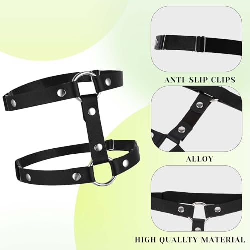 Giantree Leather Leg Harness, Adjustable Elastic 2 Rows Leather Leg Belt Ring Body Harness, Black Punk Garters Belts Thigh Strap Club Halloween Body Chain Accessories Jewelry for Women