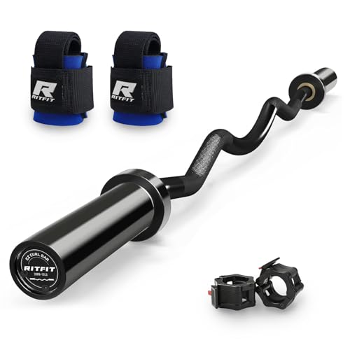 RitFit 2 Inch EZ Curl Bar with Weights, 350LBS Capacity Olympic Barbell for Bicep & Triceps, Home Gym Strength Training - style: Black with Collar and wrist